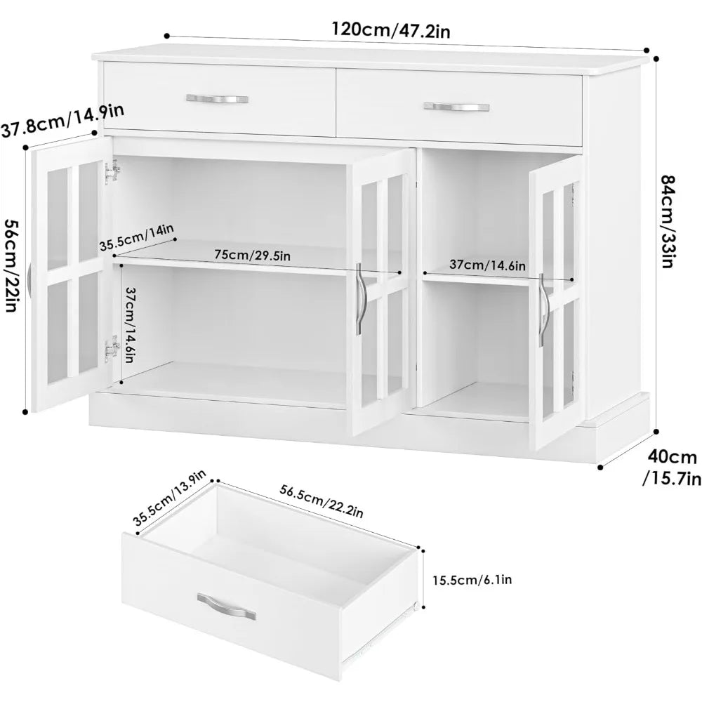 Sideboard Buffet Cabinet with Glass Doors, White