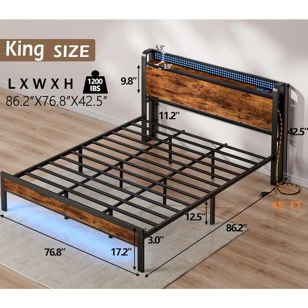 King Size Bed Frame with LED Light, Storage Shelf Headboard with Power Outlet and USB Port