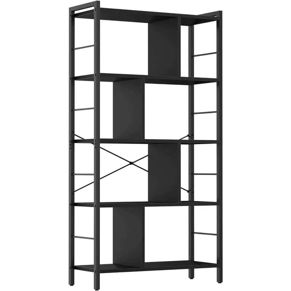 5 Tier Tall Modern Bookcase Wood Metal Frame Standing Book Shelf