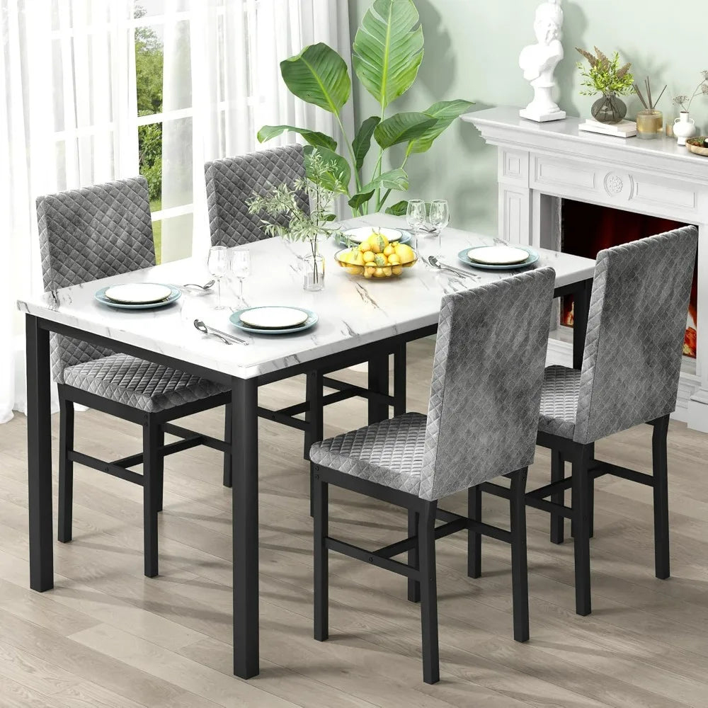 Dining Table Set, with 4 Upholstered Velvet Chairs,