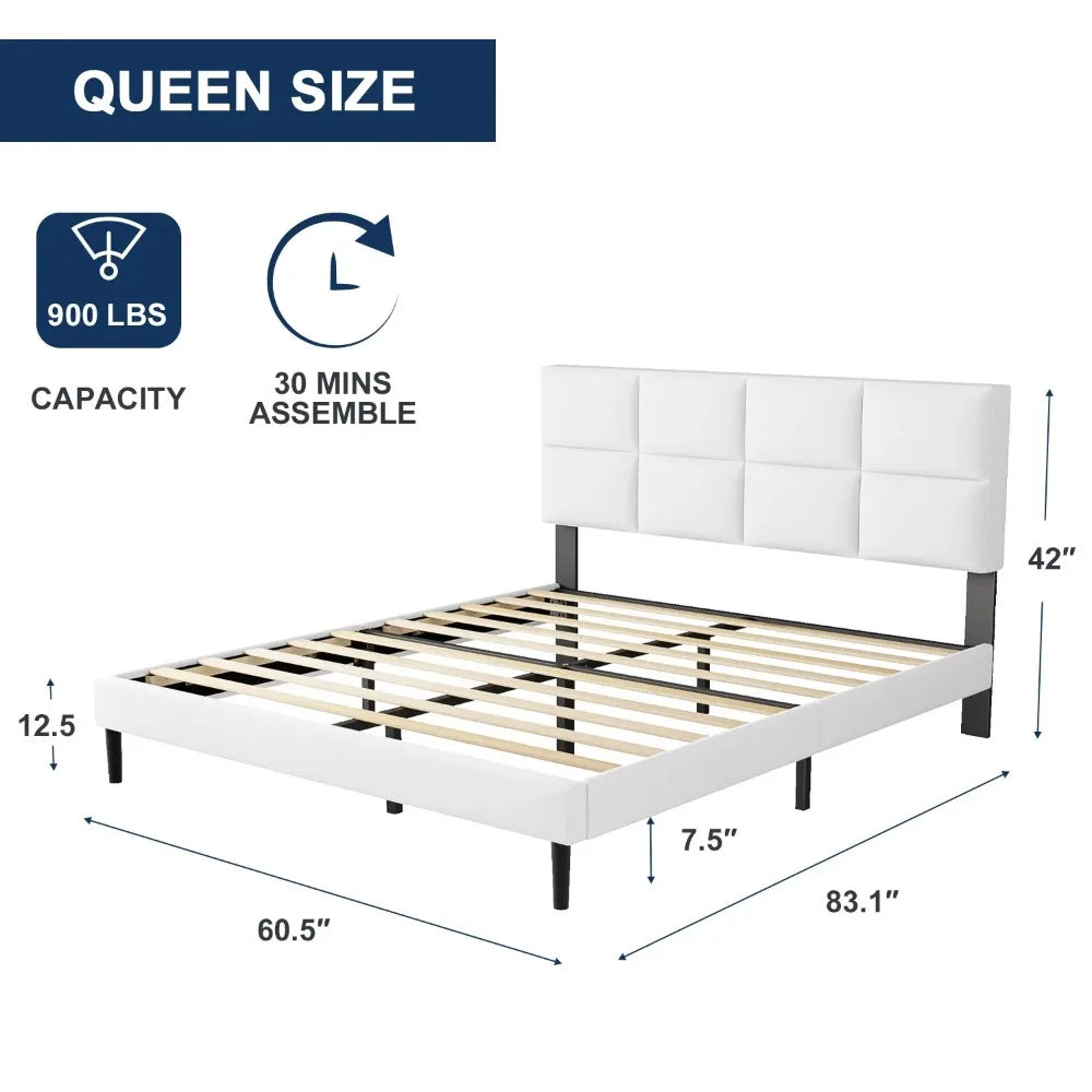 Queen Size bed Frame with Fabric Upholstered Headboard,White, Easy Assembly