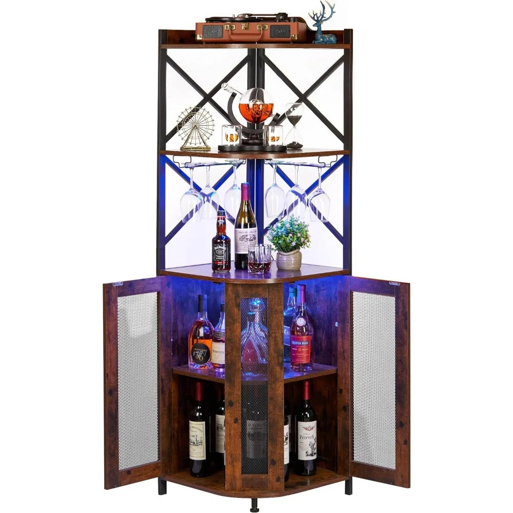 Corner Bar Wine Cabinet with  Glass Holder & LED Lights