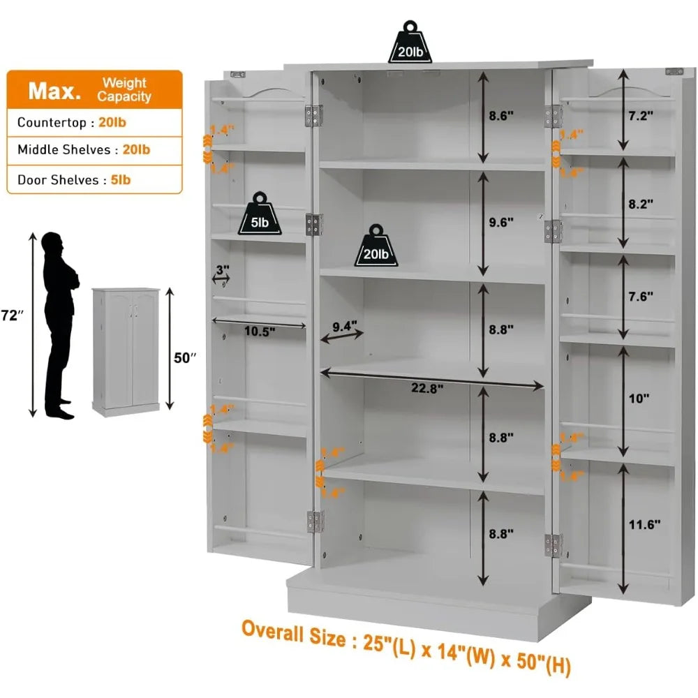 LED Kitchen Pantry Storage Cabinets, 50 Inch FreeStanding, 2 Doors and Shelves Adjustable