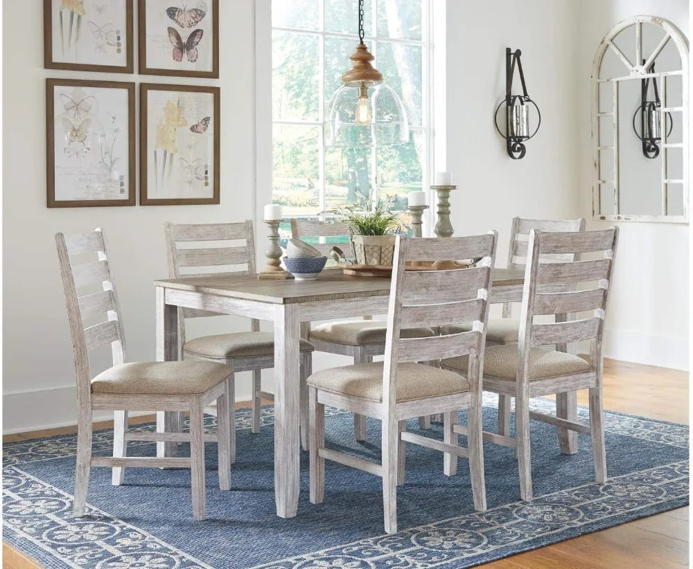 Skempton Cottage Dining Room Table Set with 6 Upholstered Chairs, Whitewash, 36"W x 60"D x 30"H