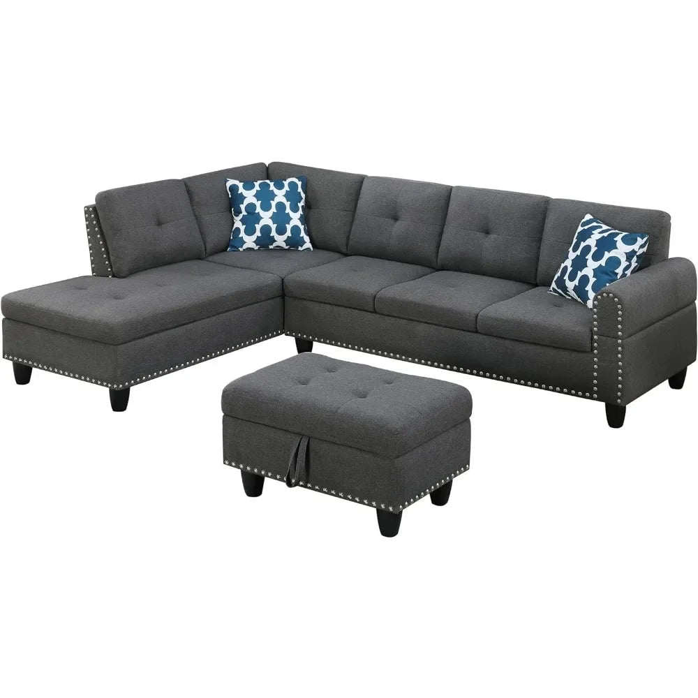 Sofa Set, 98-Inch L-Shaped Couch with Storage, Left Facing Chaise, 2 Cup Holders, 2 Throw Pillows