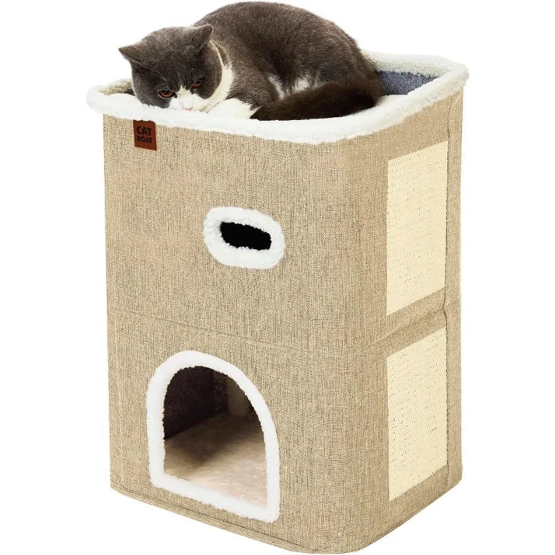 2-Story Cat House for Indoor Cats with Scratch Pad and Hideaway Cave, Cute Modern Cat Condo