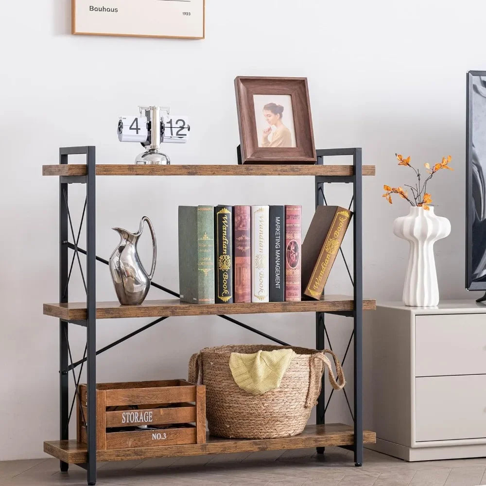 3-Tier Industrial Bookcase  Rustic Open Book Shelf Bookcase  Wood and Metal