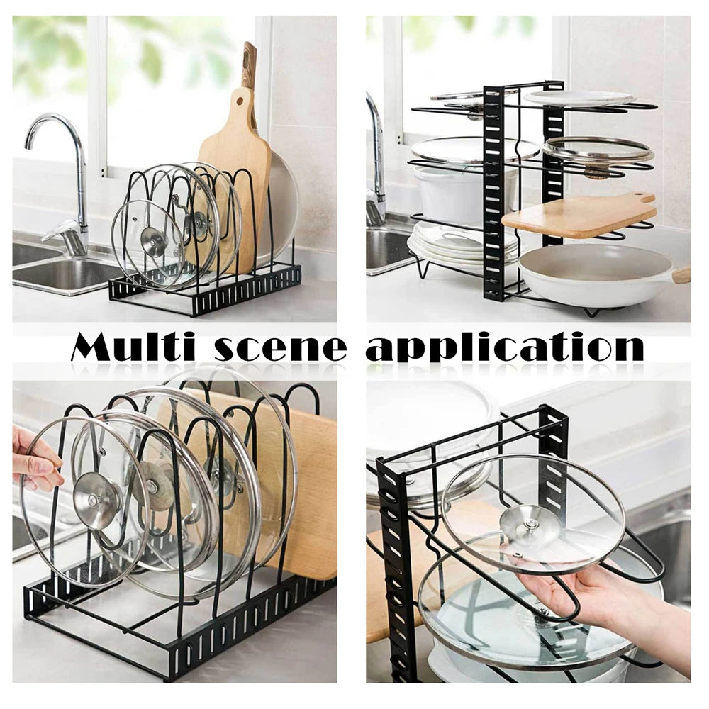 8 Tiers Pan/Pot Organizer Rack  Iron Wire Bilateral Pot Adjustable Pots Lids Storage Rack