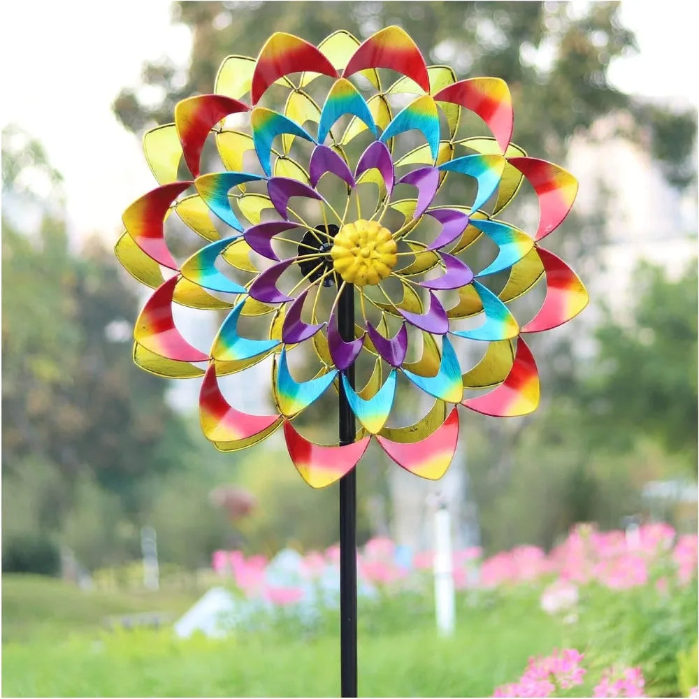 Yard Garden Wind Spinner with Stake, Floral Outdoor Metal Wind Spinners, Lawn Yard Art