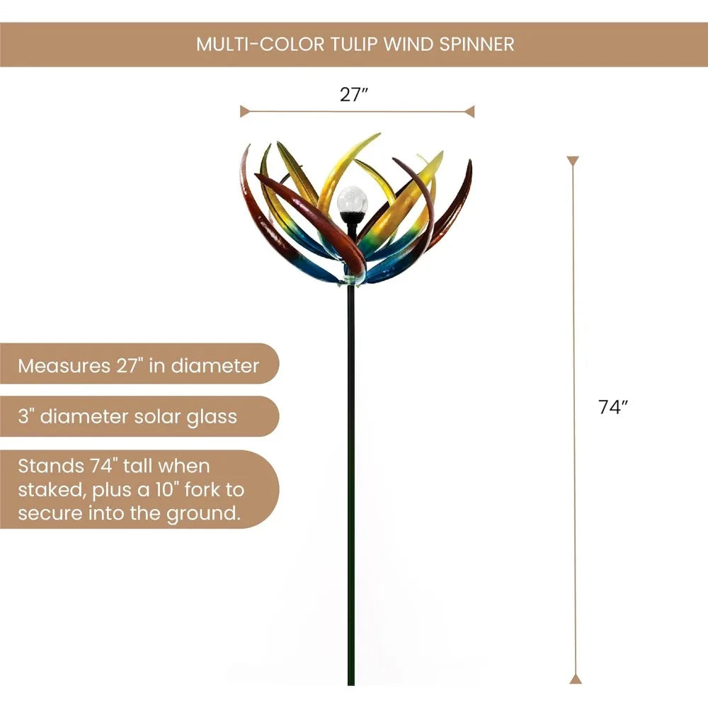 Wind Spinner, 74" Multi-Color Tulip Wind Spinners, Solar Powered Glass Ball Garden Decoration