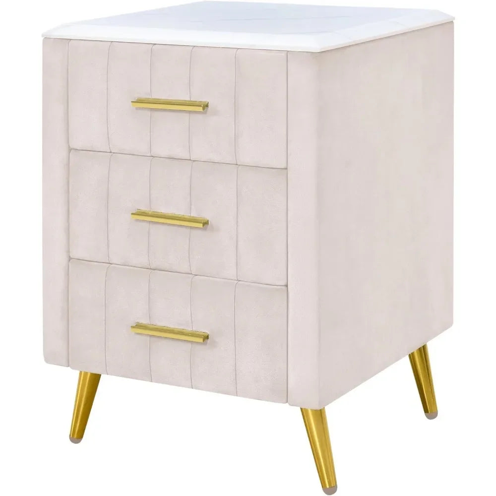 Nightstand with Drawers Set, Upholstered Wood Bedside End Table with Marbling Top, Nightstand