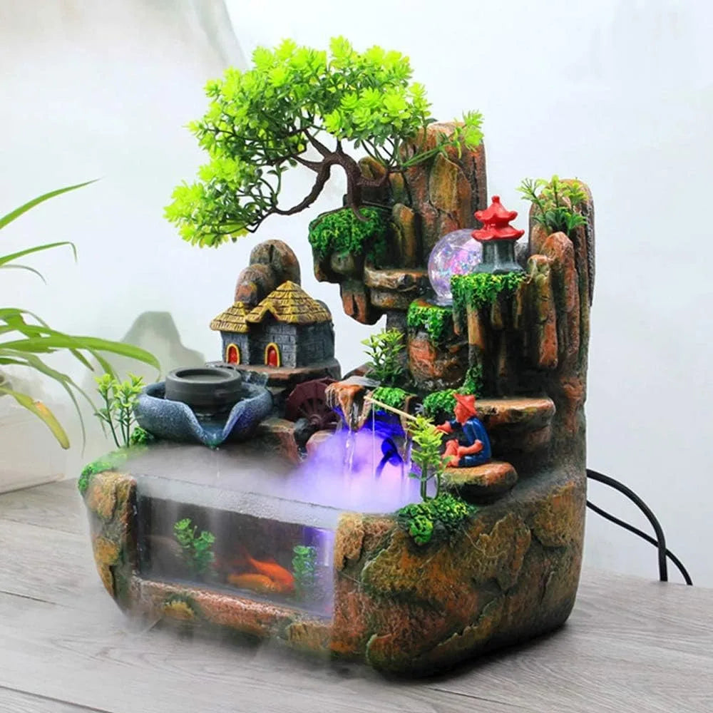 Indoor Relaxation Desktop Fountain Waterfall with Rockery, Aquariums, Atomizing Humidifier