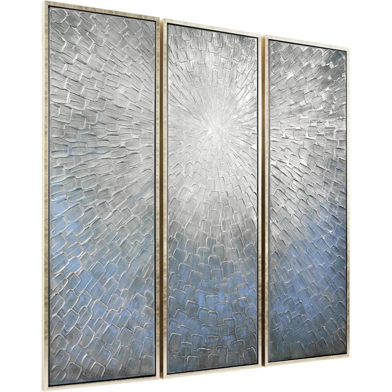 Abstract Wall Art Textured Hand Painted Canvas by Martin Edwards,  60" x 20" each, Silver Ice