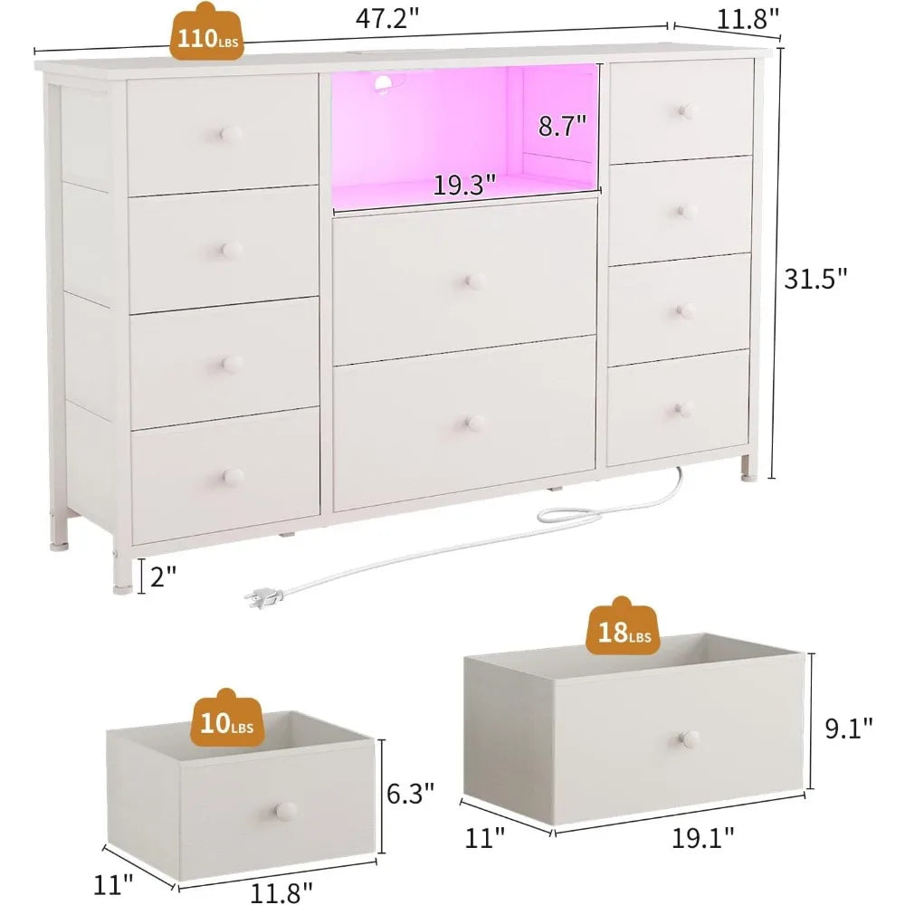 10 Drawer Dresser with Charging Station and LED Lights,