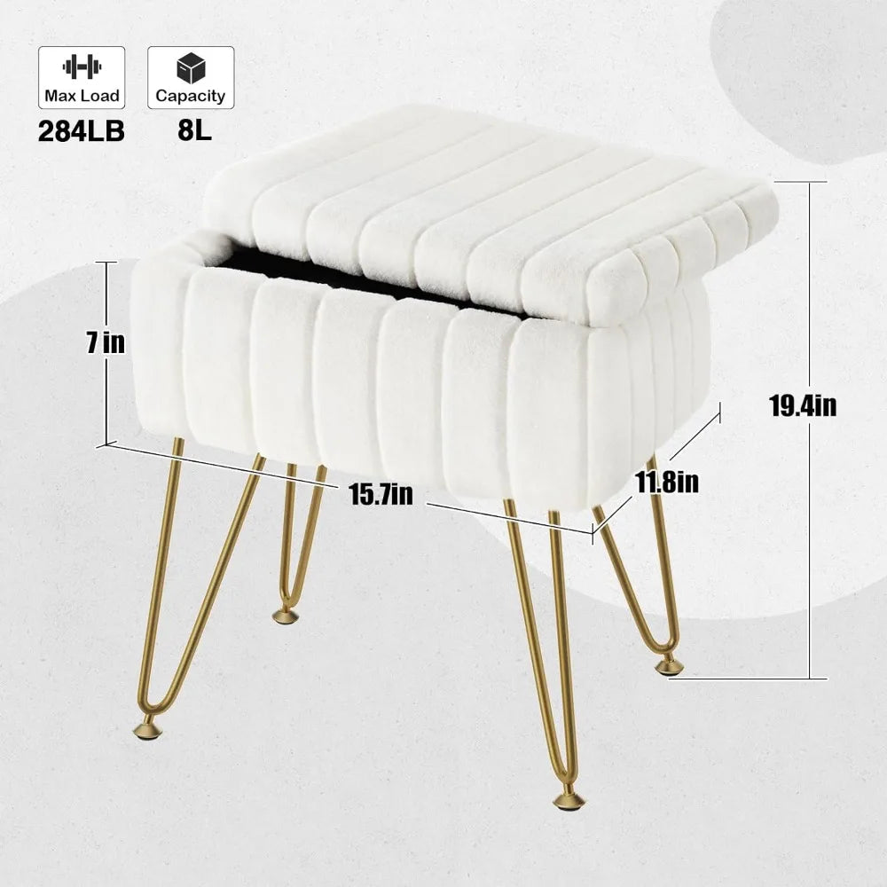 Vanity Stool Chair with Storage, Soft Ottoman 4 Metal Legs with Anti-Slip Feet