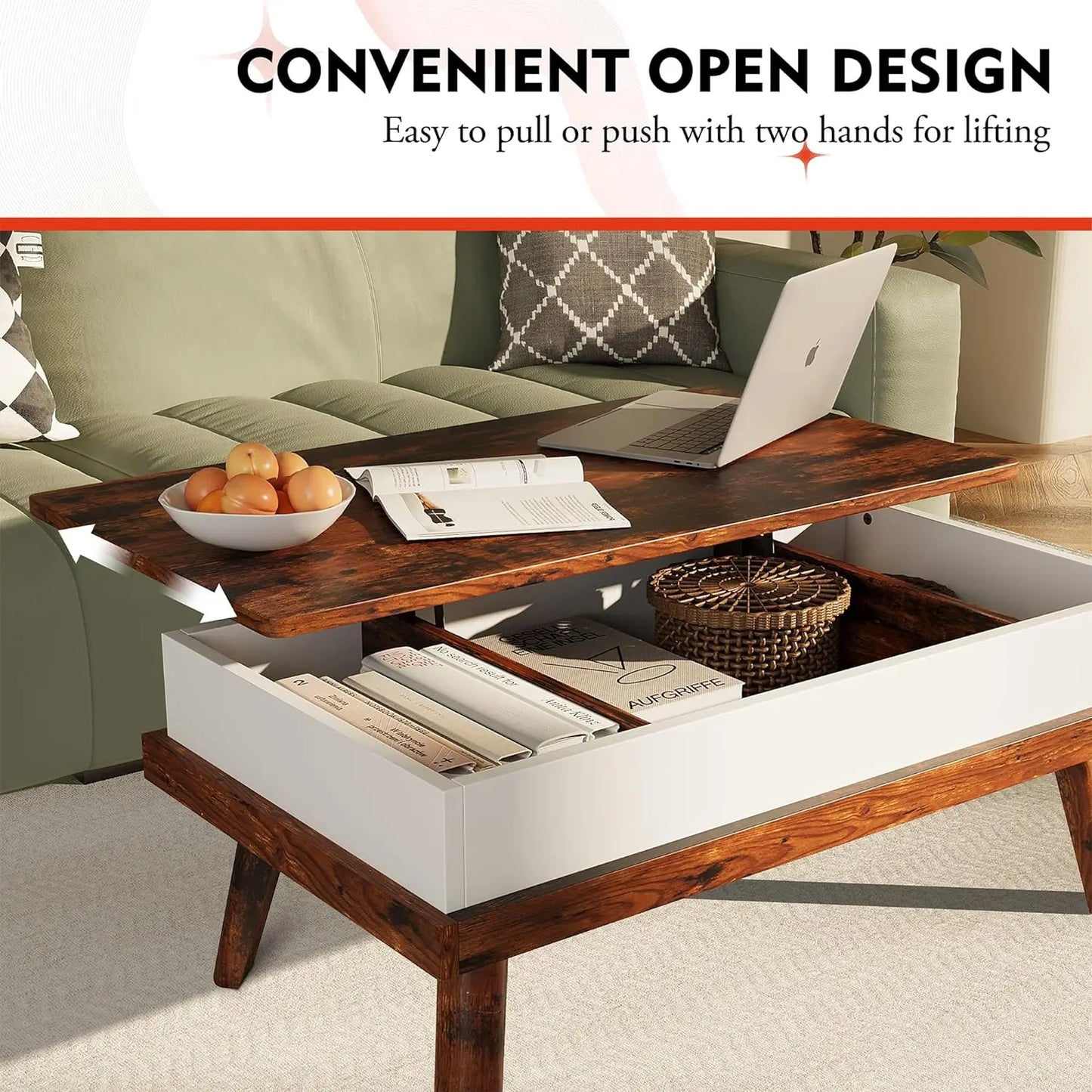 Comfort Corner Lift Top Coffee Table, Wood Coffee Table with Hidden Compartment