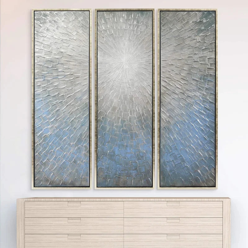 Abstract Wall Art Textured Hand Painted Canvas by Martin Edwards,  60" x 20" each, Silver Ice