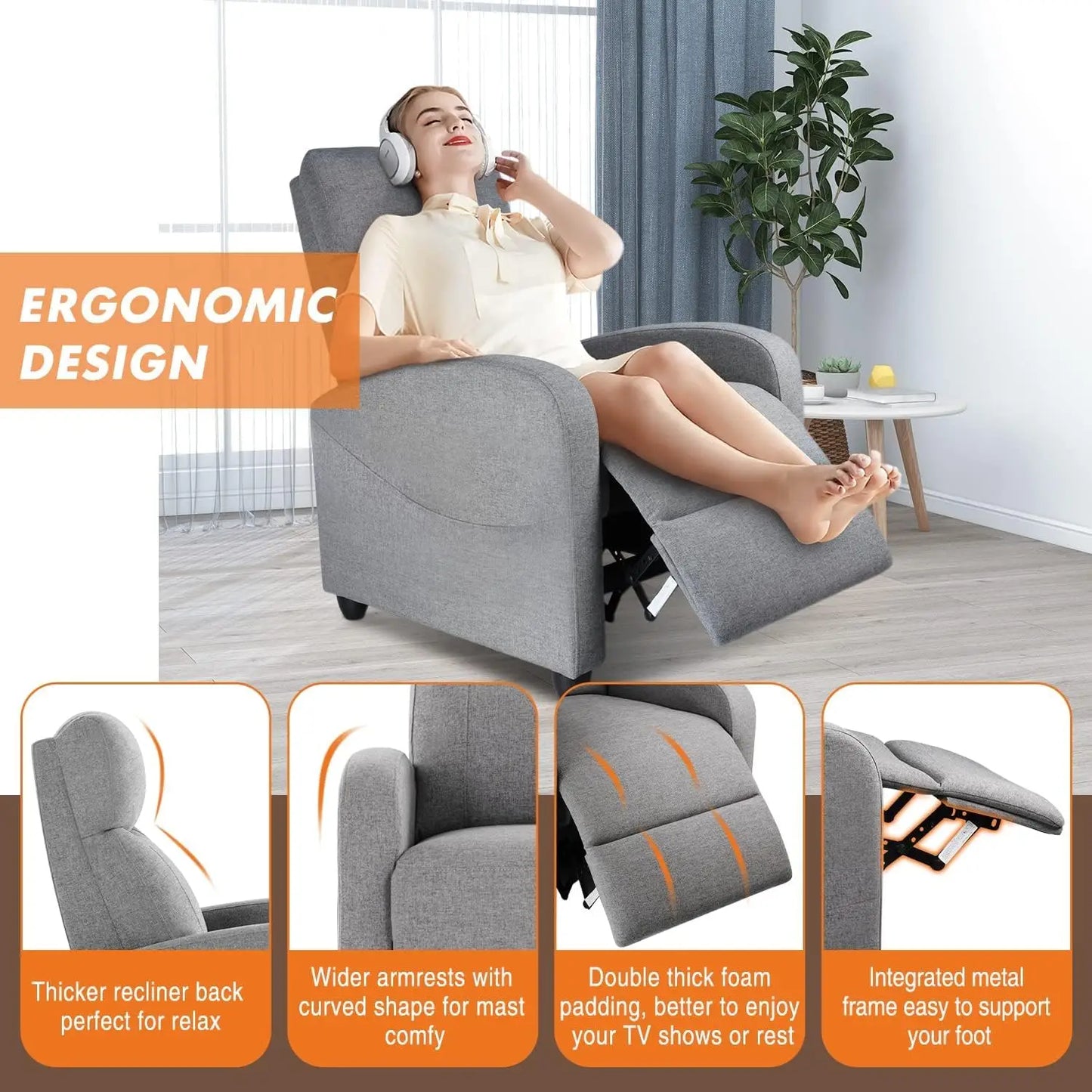 Recliner Chair for Adults, Massage Fabric  with Lumbar Support, Adjustable Modern Chair