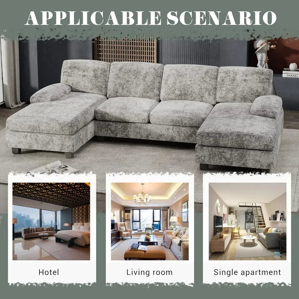 Couch Convertible Sectional Sofa Couch,4 Seat Sofa Set Grey U-Shaped Fabric Modular Sleeper