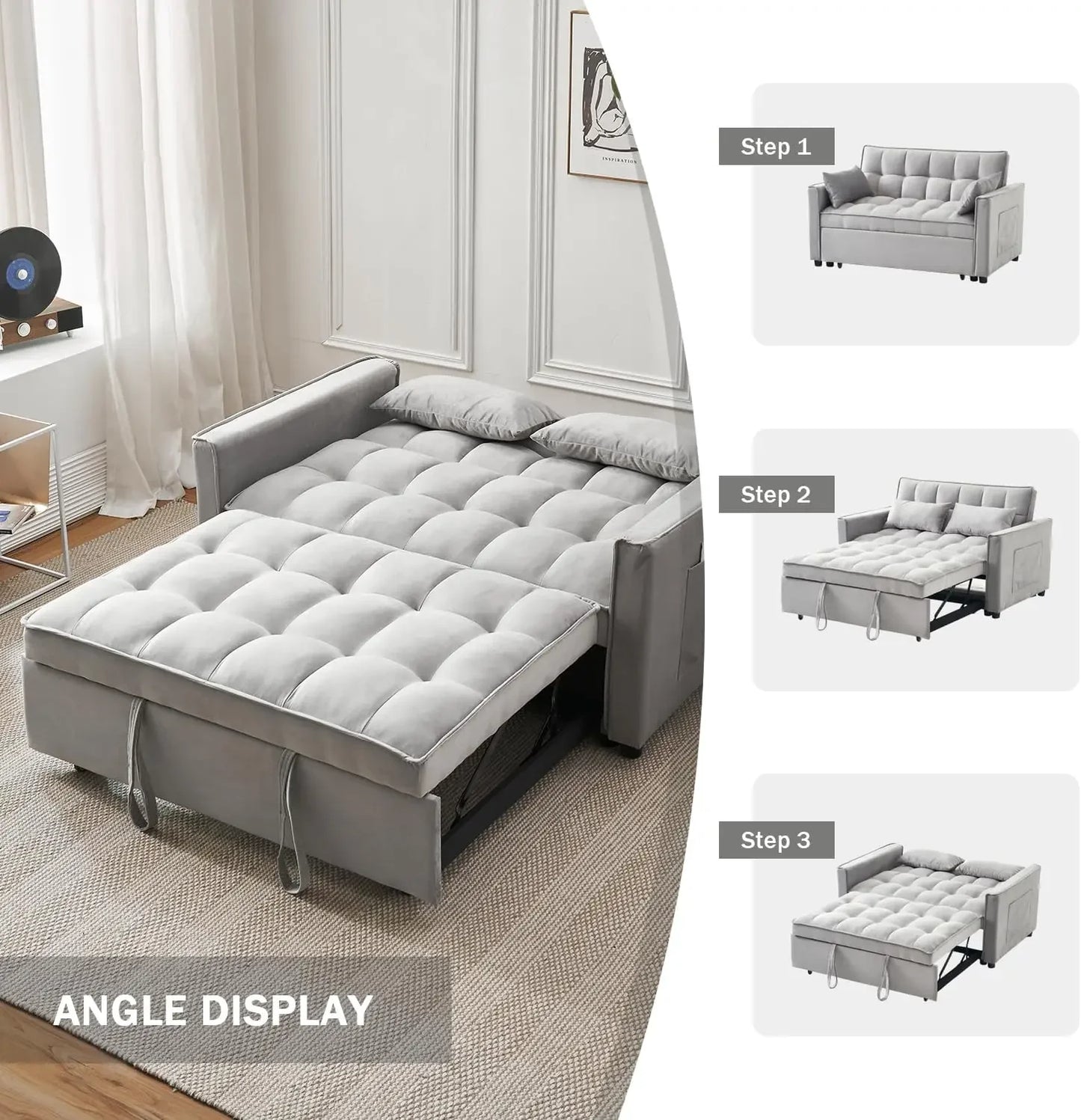 3-in-1 Convertible Sleeper Sofa Bed, Modern Pullout Couch Bed with Pull Out Bed, Adjustable Backrest