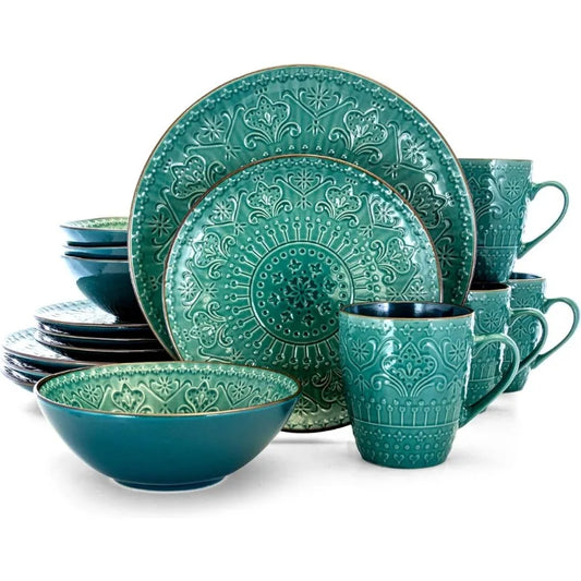 Round Stoneware Embossed Dinnerware Set, 16 Piece, Sea Blue with Brown Trim,Ocean Teal and Green