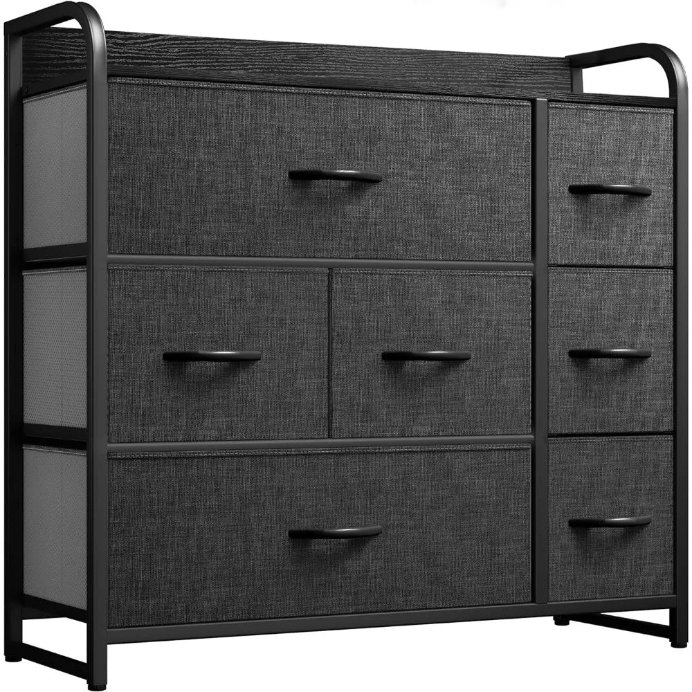 Fabric Dresser with 7 Drawers -  Sturdy Steel Frame, Wooden Top