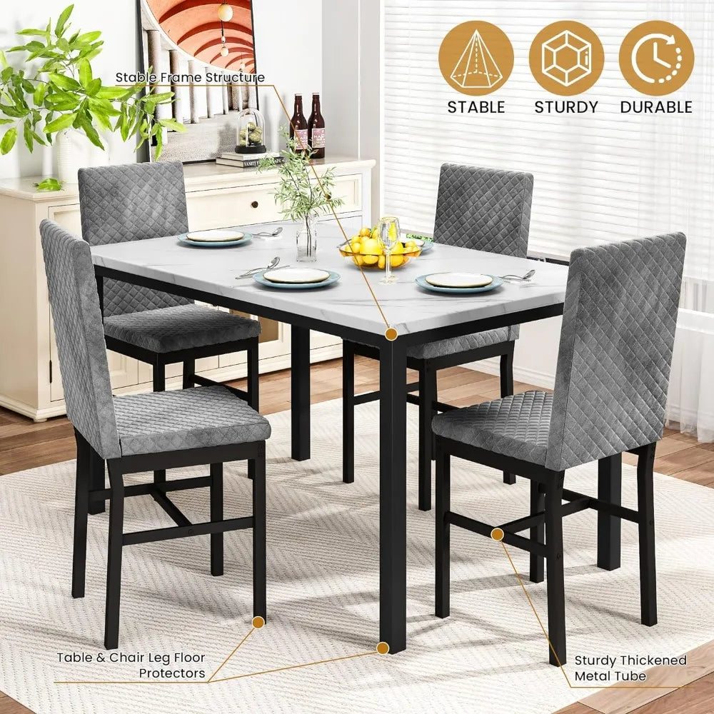 Dining Table Set, with 4 Upholstered Velvet Chairs,