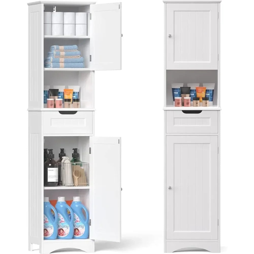 Tall Bathroom Storage Cabinet W/ 2 Doors & 1 Drawer, Adjustable Shelves, Anti-Tipping