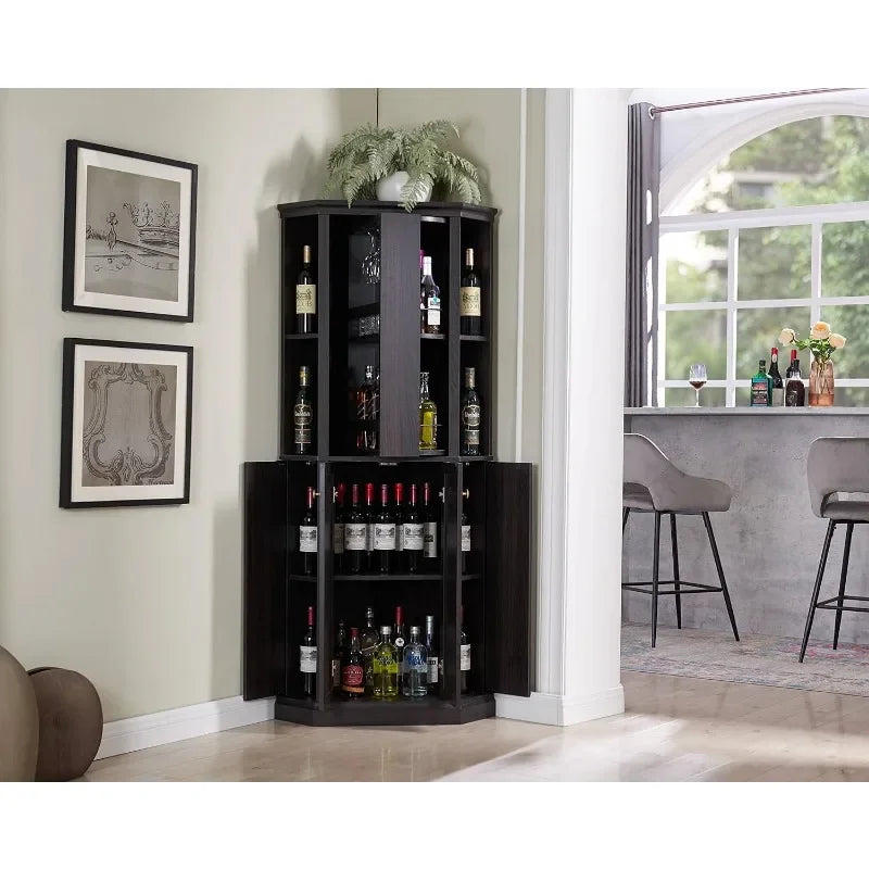 68.5" Corner Bar Cabinet with Wine Storage, Adjustable Shelf Height