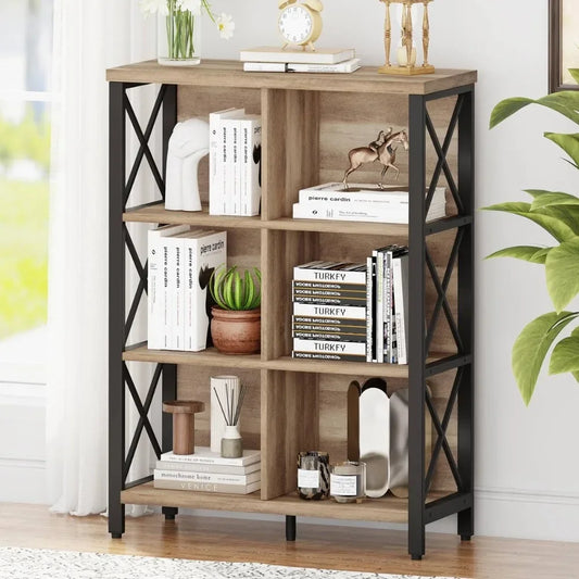 Rustic 6 Cube Storage Organizer Shelf,  Wood and Metal Cubby Bookcase