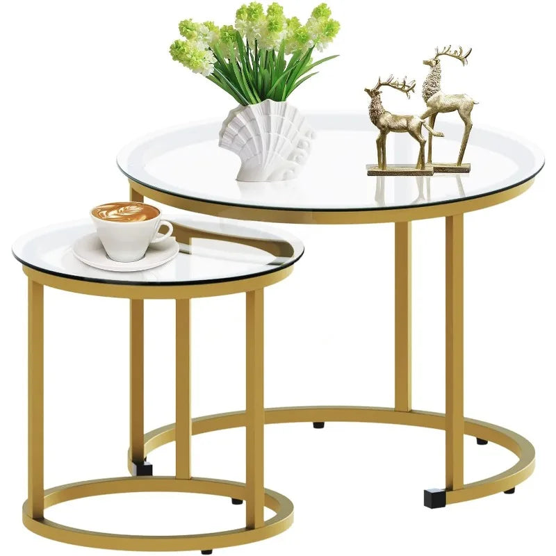 Set of 2 Nesting Coffee Tables,  Golden  Frame Circular and Marble Pattern Wooden Tables