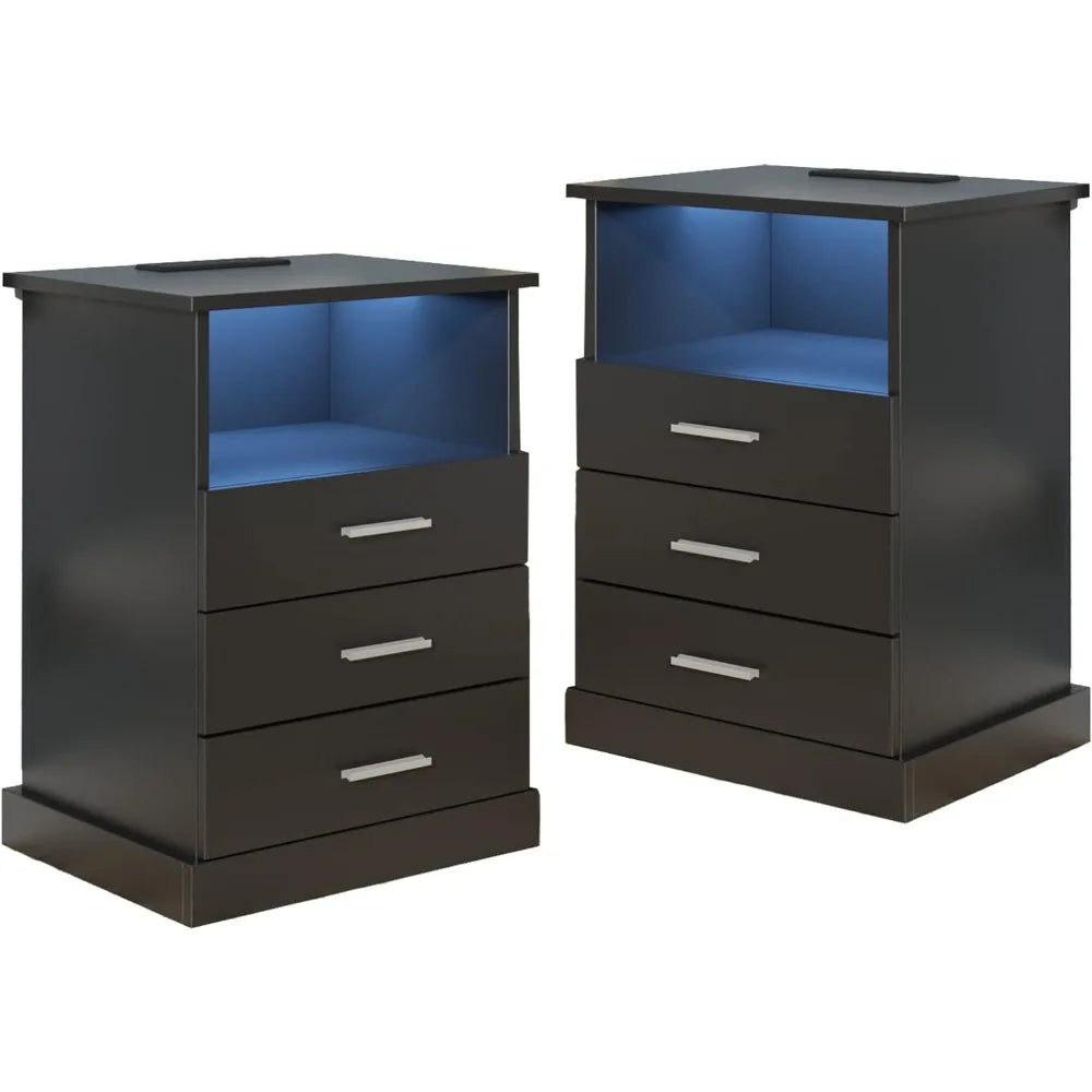 LED Nightstand with Charging Station, Side Table with 3 Drawers