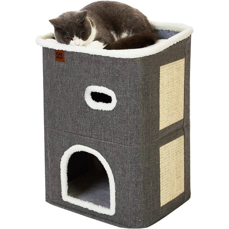 2-Story Cat House for Indoor Cats with Scratch Pad and Hideaway Cave, Cute Modern Cat Condo