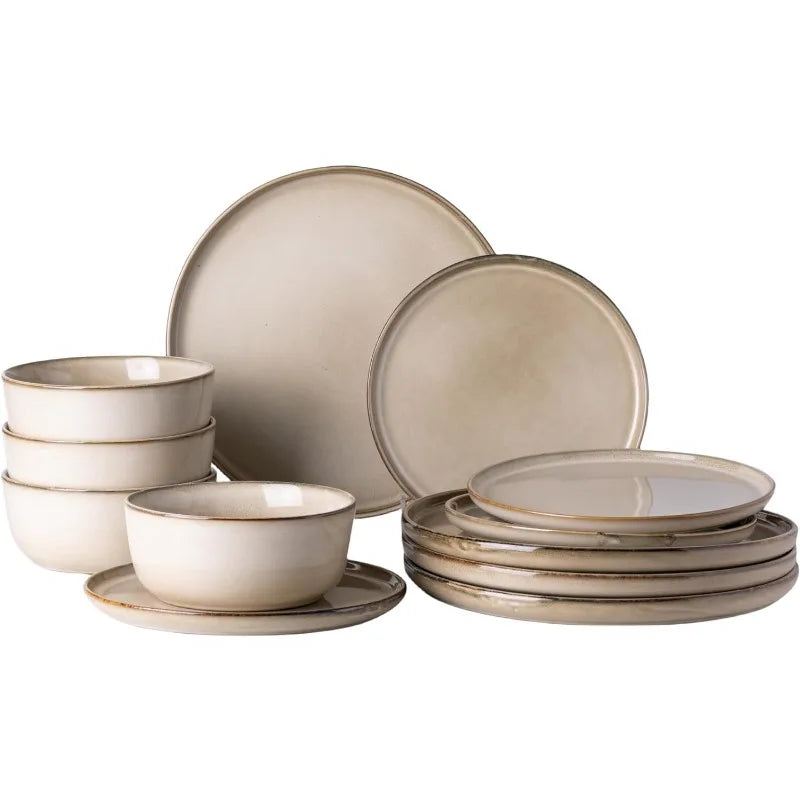 Ceramic Dinnerware Sets for 4, 12 Pieces Stoneware Plates and Bowls Sets, Chip and Scratch Resistant