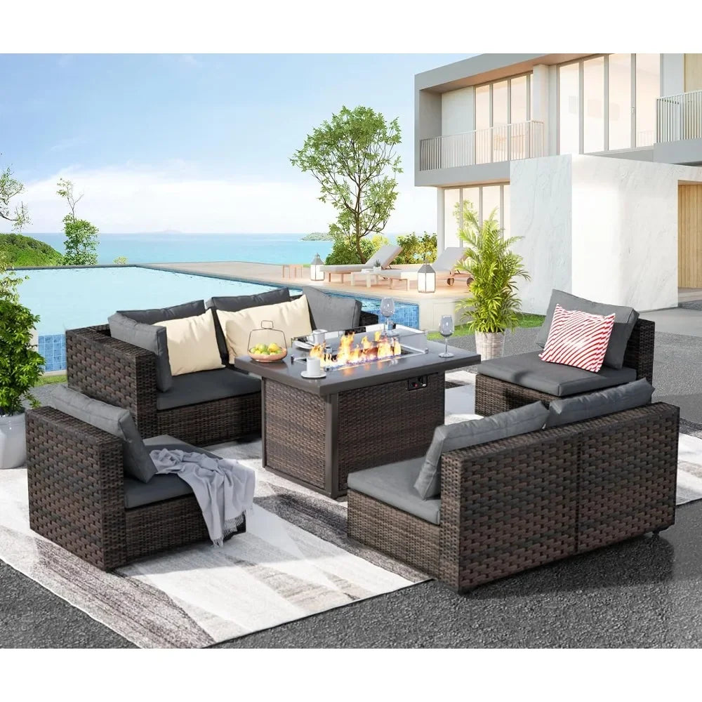 7 Piece Rattan Patio Furniture Set  with Fire Pit Table