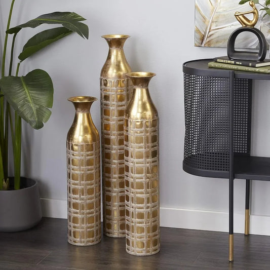 Tall Distressed Metallic Centerpiece Vases with Etched Grid Patterns Set of 3