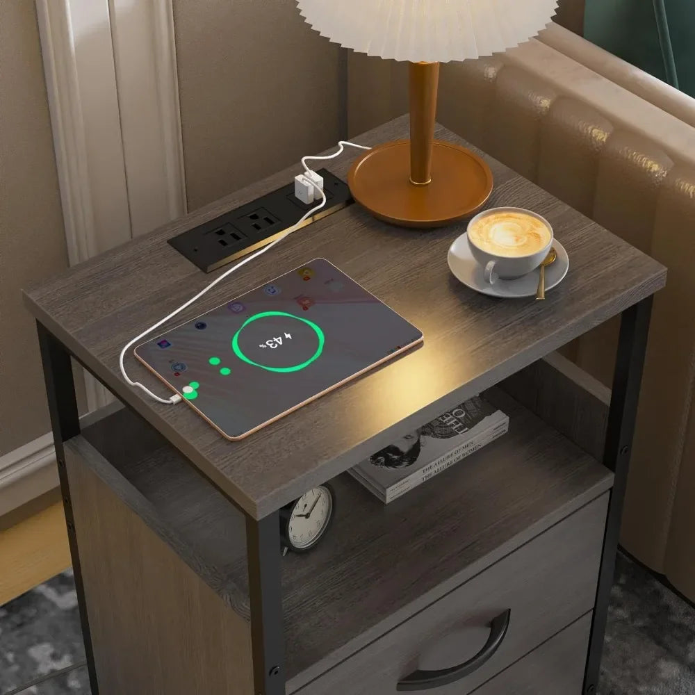 Nightstand with Charging Station,  Fabric-Wood 2-in-1 Drawer, USB Ports