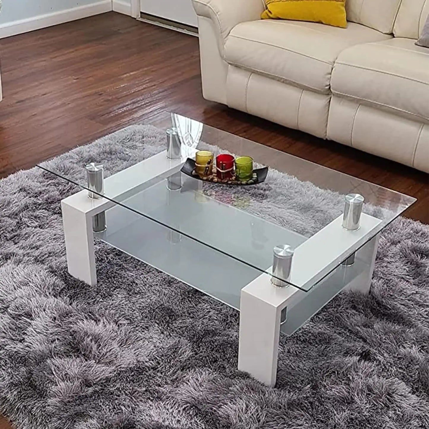 Rectangle Glass Coffee Table 2-Tier Tea Table Modern