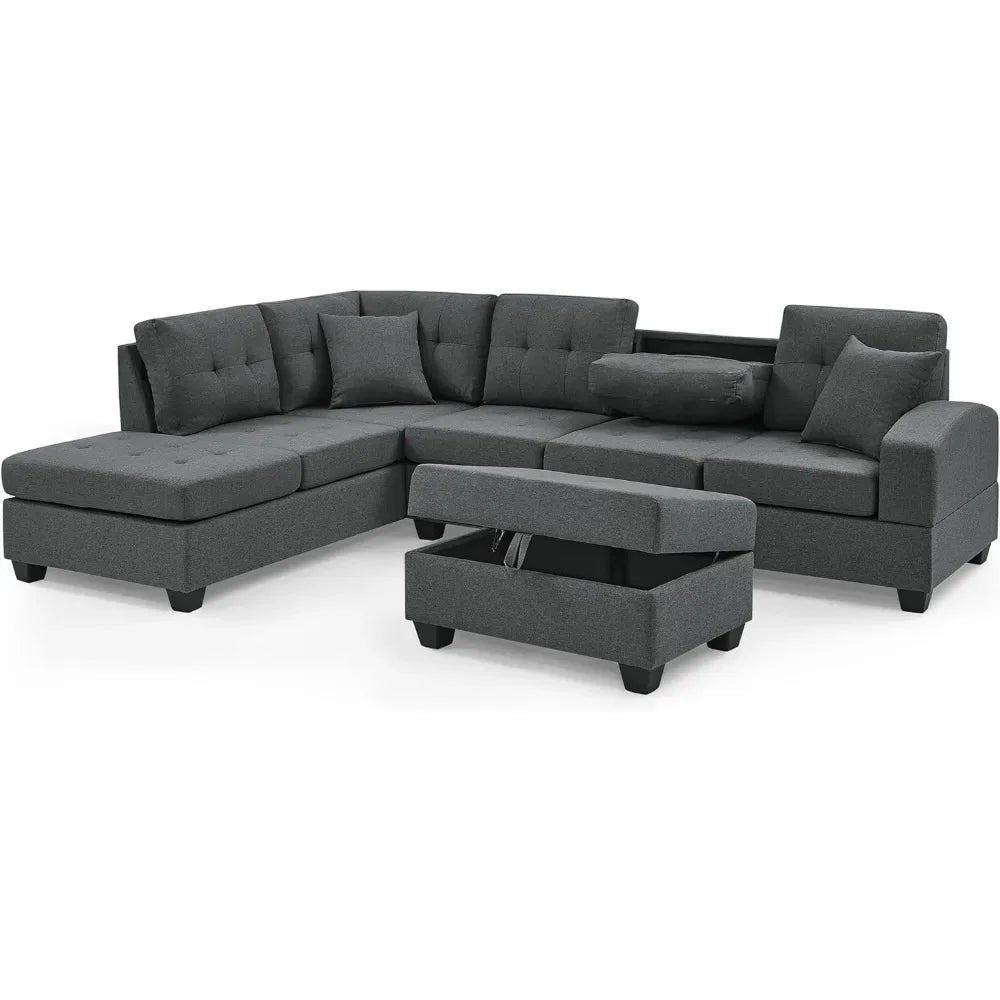 Living Room Sofa Set , L Shape Modular Storage Ottoman & Chaise, Cup Holder