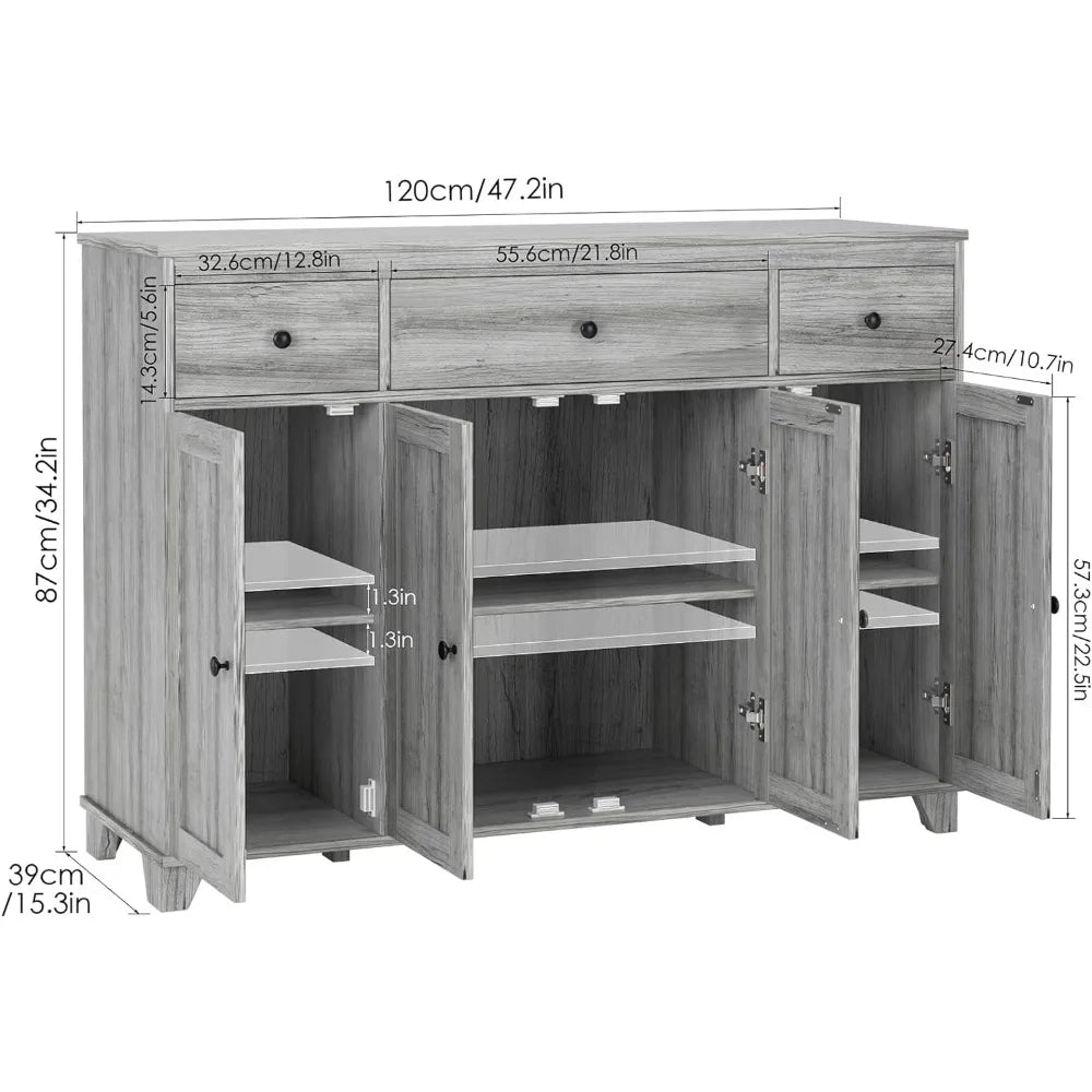 Classic Farmhouse Style Kitchen Buffet with 3 Drawer & 4 Doors Adjustable Shelves, Wood