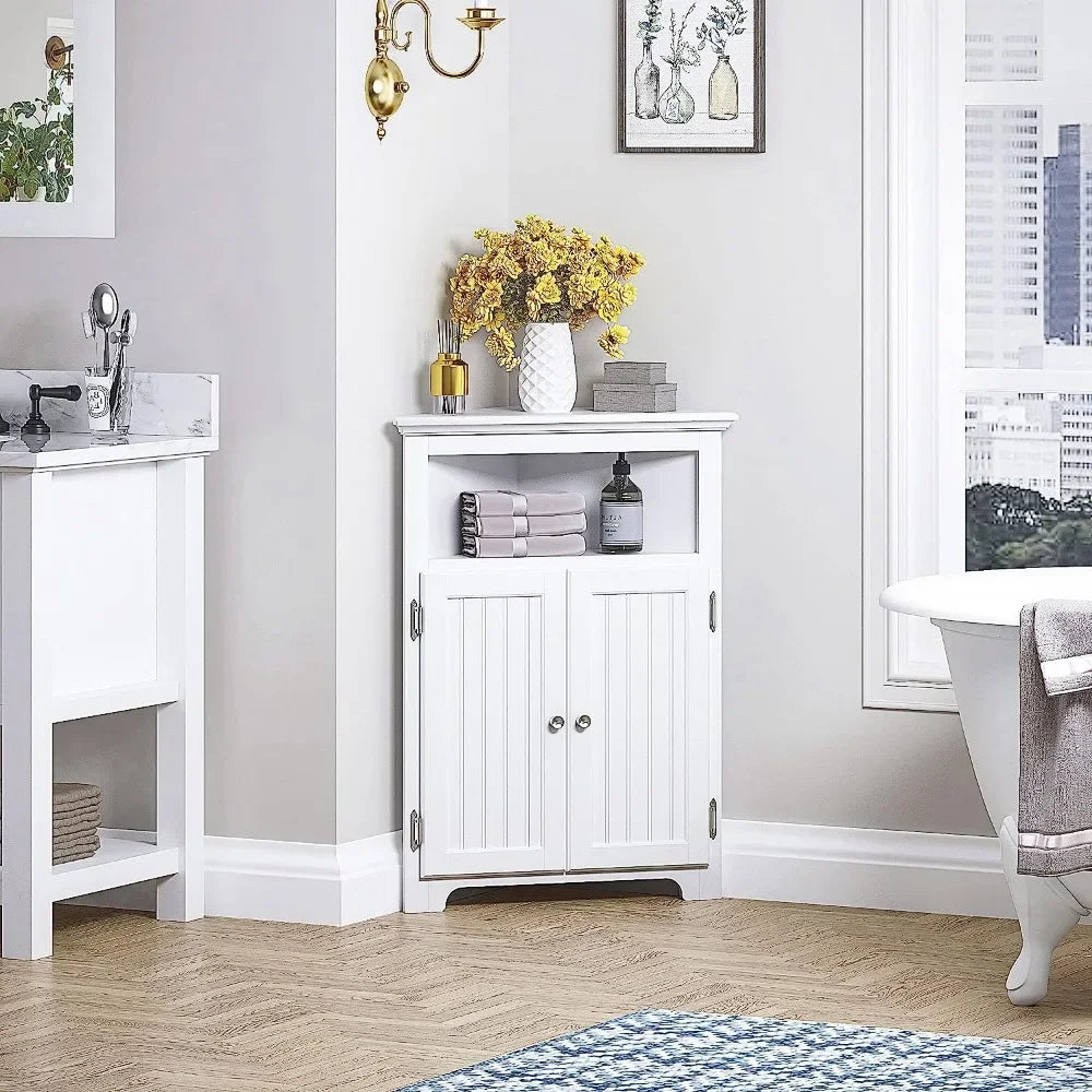 Bathroom Corner Storage Cabinet,  with Doors and Adjustable Shelves, White