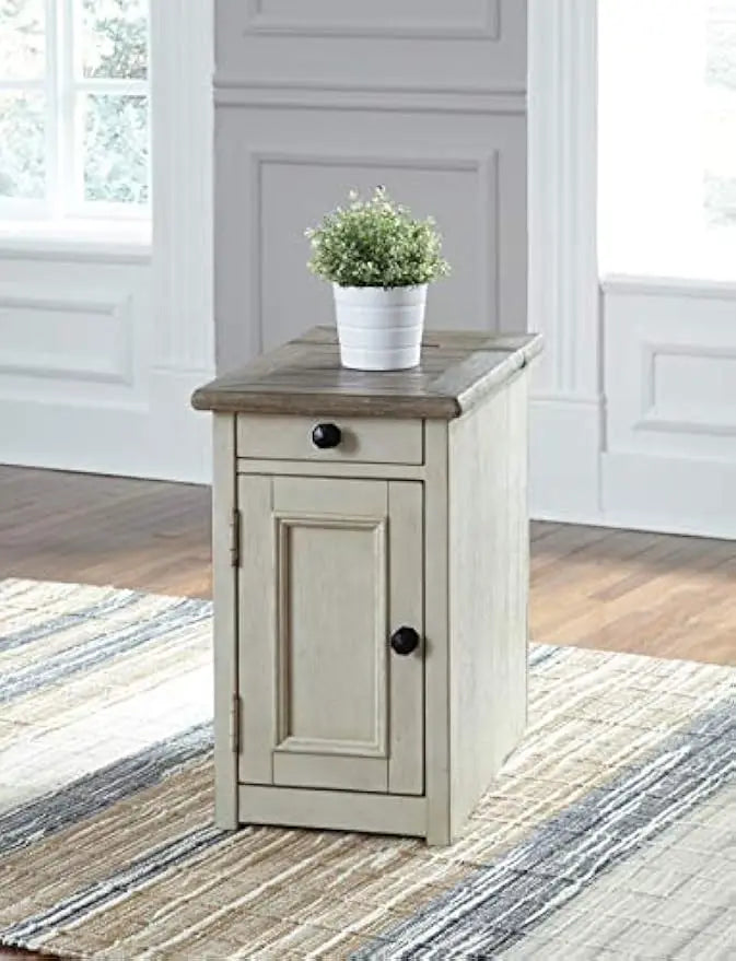 Farmhouse Chair Side End Table with Outlets and USB Ports, Antique Cream