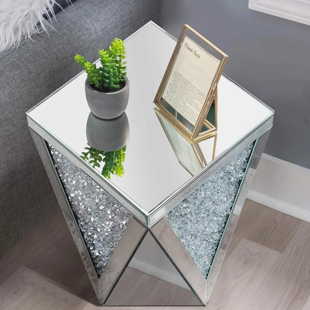 Silver Mirrored End Table, Crystal Inlay Side Table Accent Table, Small Mirrored Coffee Table