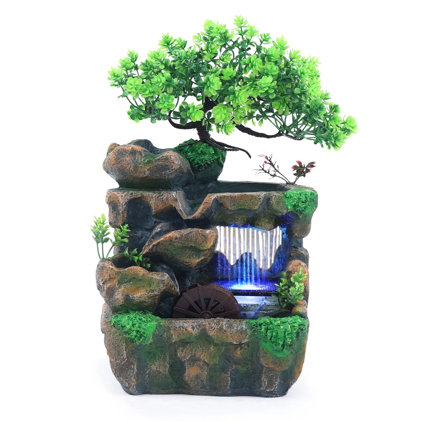 Feng Shui Mini Resin Rockery Fountain LED Lamp Waterfall Table Ornament  Zen Decor 110V