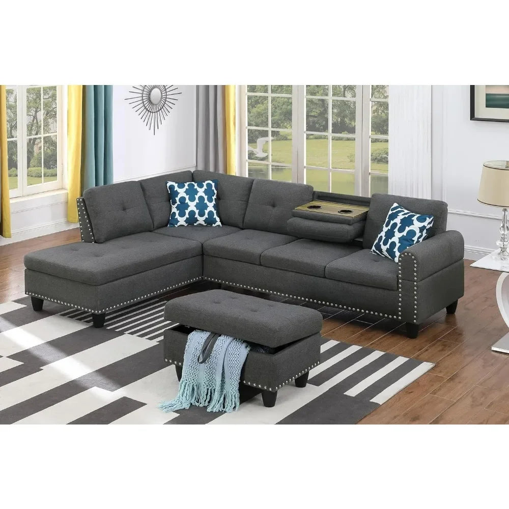 Sofa Set, 98-Inch L-Shaped Couch with Storage, Left Facing Chaise, 2 Cup Holders, 2 Throw Pillows