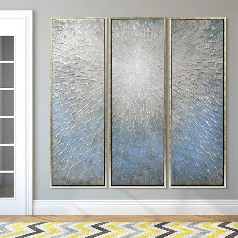 Abstract Wall Art Textured Hand Painted Canvas by Martin Edwards,  60" x 20" each, Silver Ice