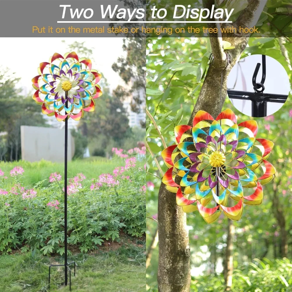 Yard Garden Wind Spinner with Stake, Floral Outdoor Metal Wind Spinners, Lawn Yard Art