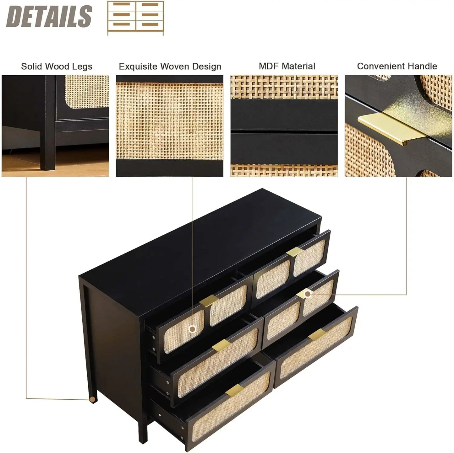 Modern Rattan 6 Drawer Dresser w/ Wide Drawers & Metal Handles