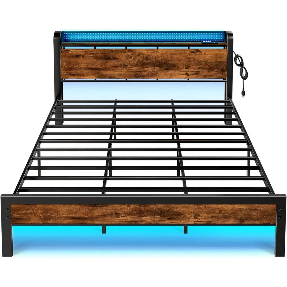 King Size Bed Frame with LED Light, Storage Shelf Headboard with Power Outlet and USB Port