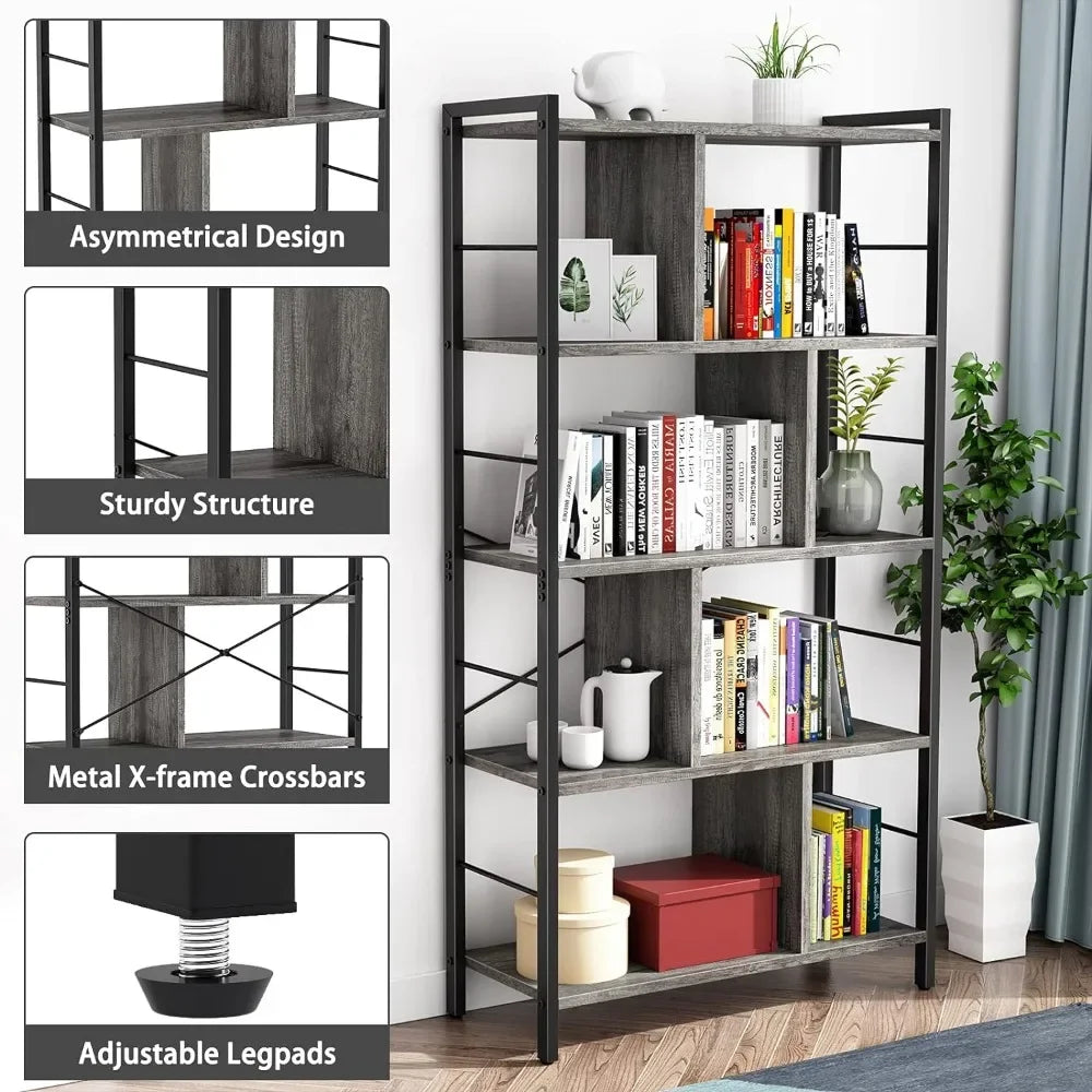 5 Tier Tall Modern Bookcase Wood Metal Frame Standing Book Shelf